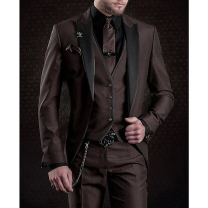 Men's three piece suit set with matching waistcoat - coffee