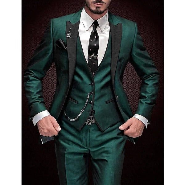 Men's three piece suit set with matching waistcoat - dark green