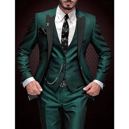 Men's three piece suit set with matching waistcoat - dark green