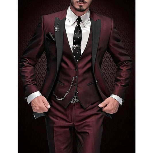 Men's three piece suit set with matching waistcoat - burgundy