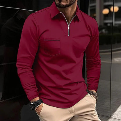 Men's quarter zip long sleeve polo shirt - wine red
