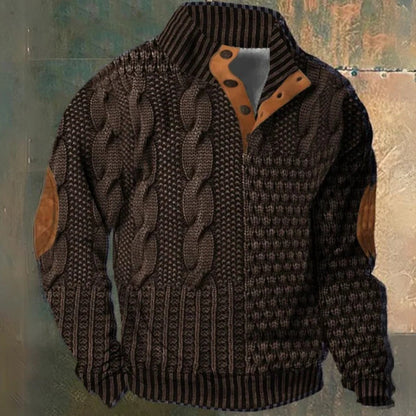 Men's cable knit half zip pullover sweater - brown