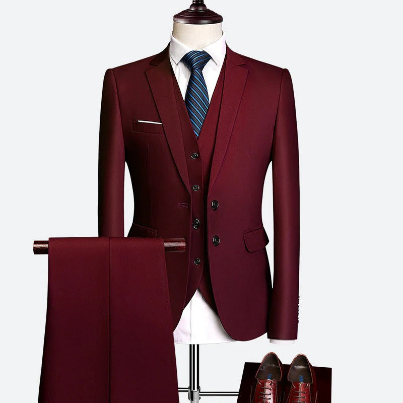 Men's three piece formal suit with waistcoat and trousers - maroon