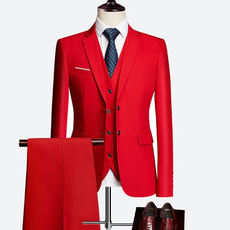 Men's three piece formal suit with waistcoat and trousers - red