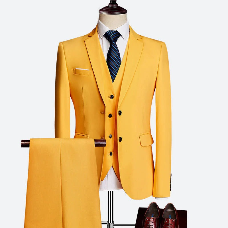 Men's three piece formal suit with waistcoat and trousers - yellow