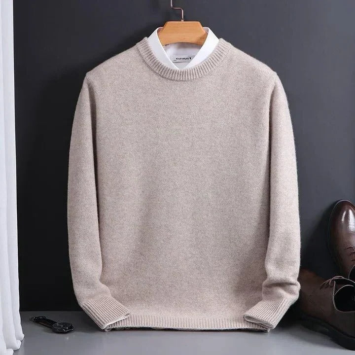 Crew Neck Sweater in Fine Gauge for Men - khaki