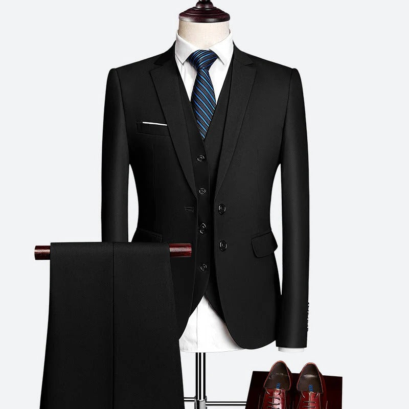 Men's three piece formal suit with waistcoat and trousers - black