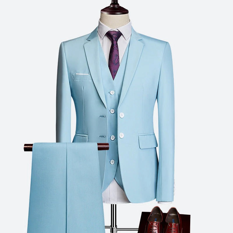 Men's three piece formal suit with waistcoat and trousers - light blue
