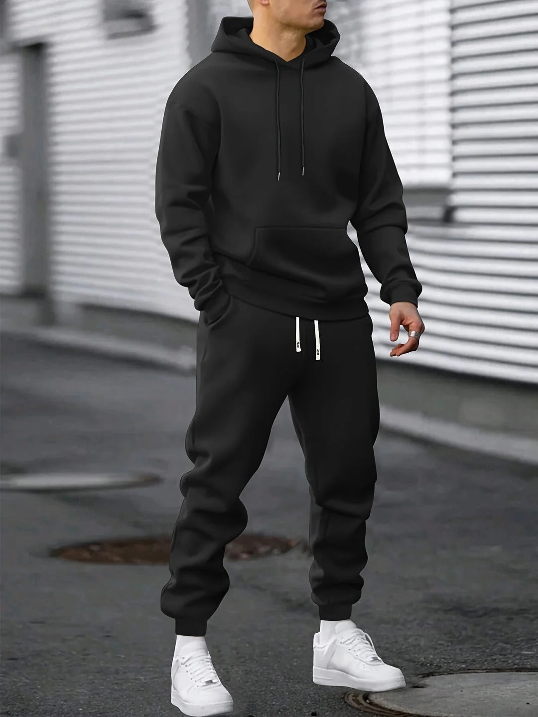 Men's hoodie and jogger two piece loungewear set - black