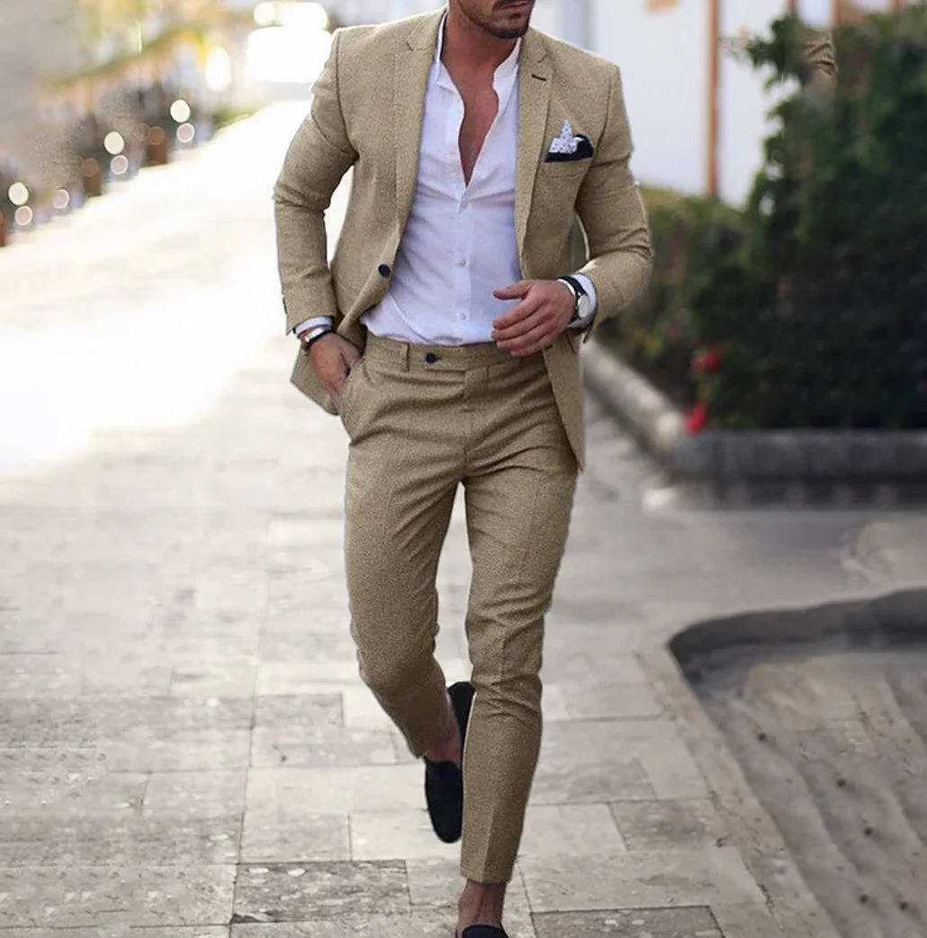 Men's slim fit two piece business suit - beige