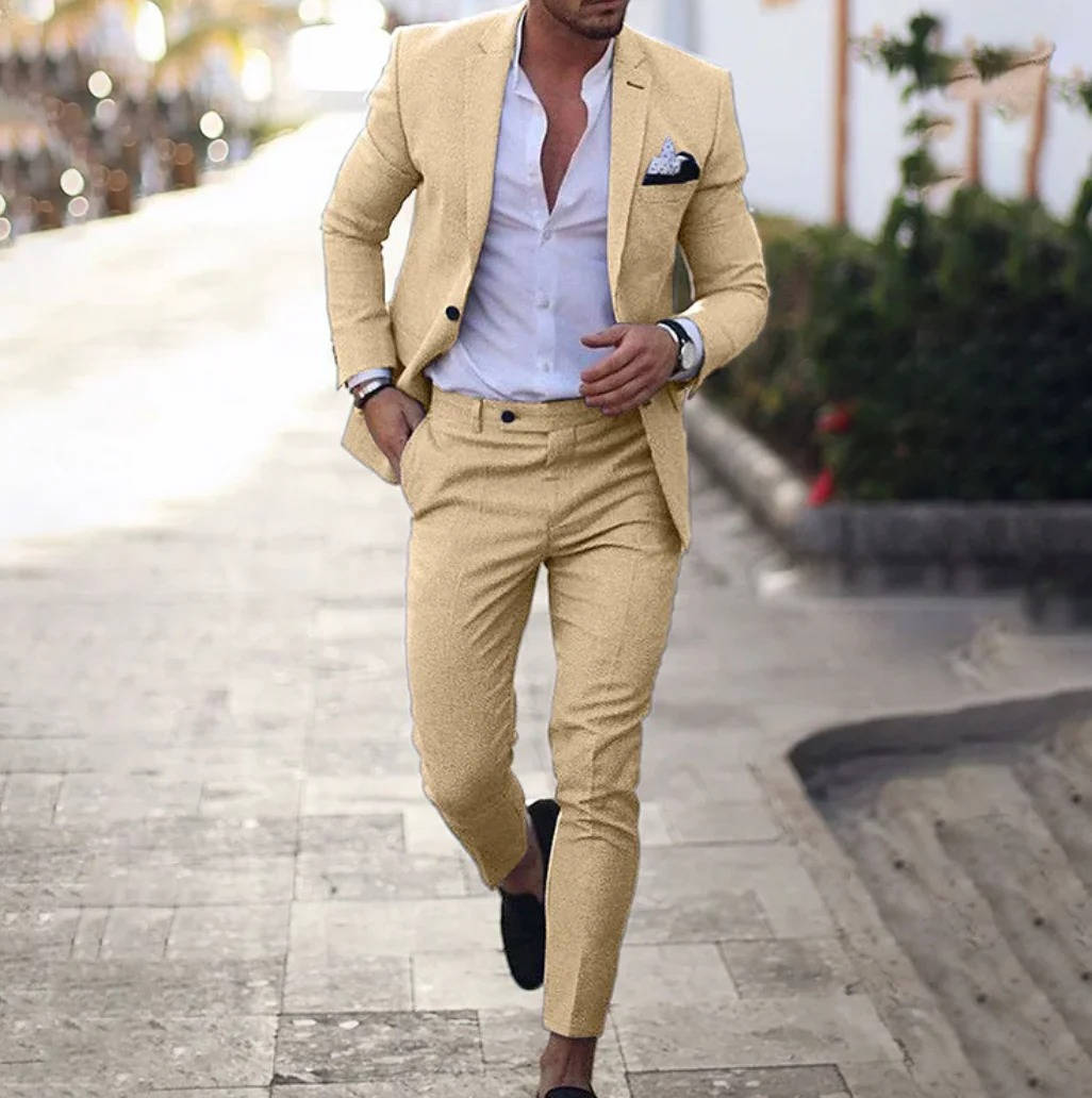 Men's slim fit two piece business suit - khaki