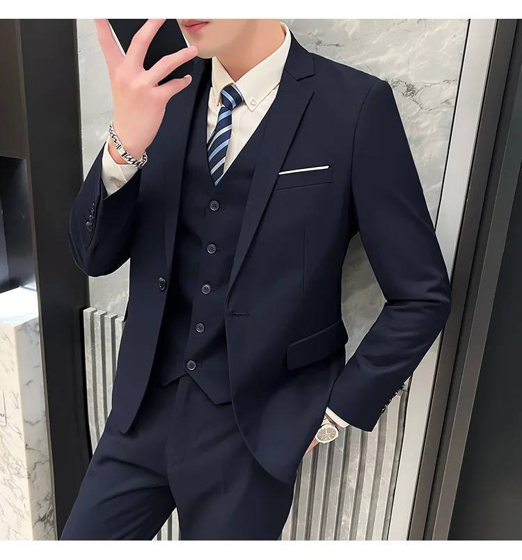 Men's slim fit three piece business suit - navy blue b