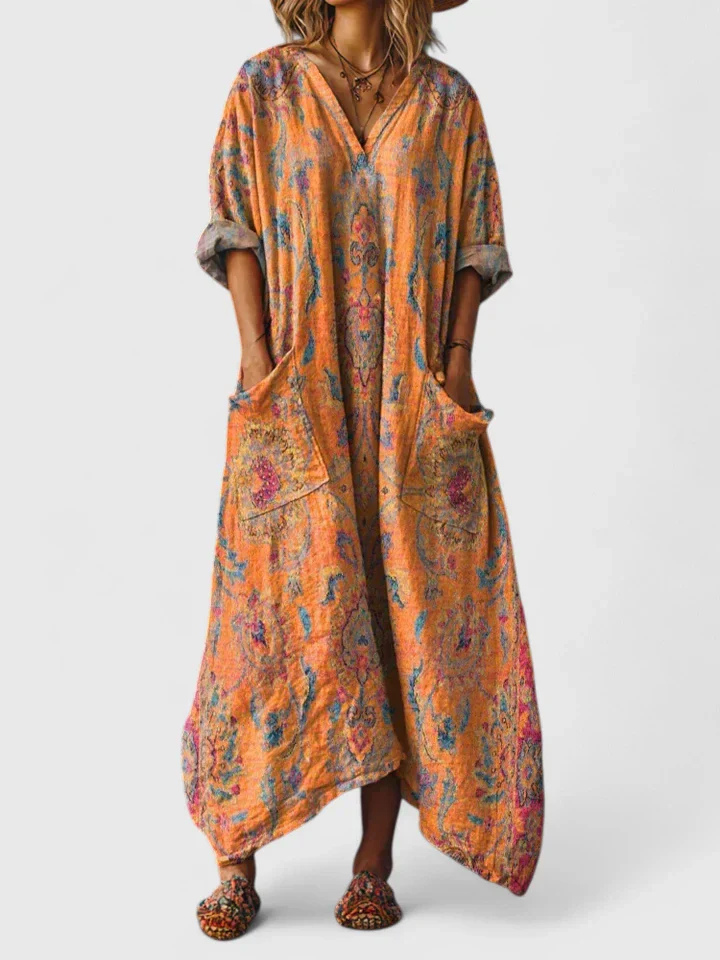 Indra | Women's Boho Print Front Pocket Maxi Dress