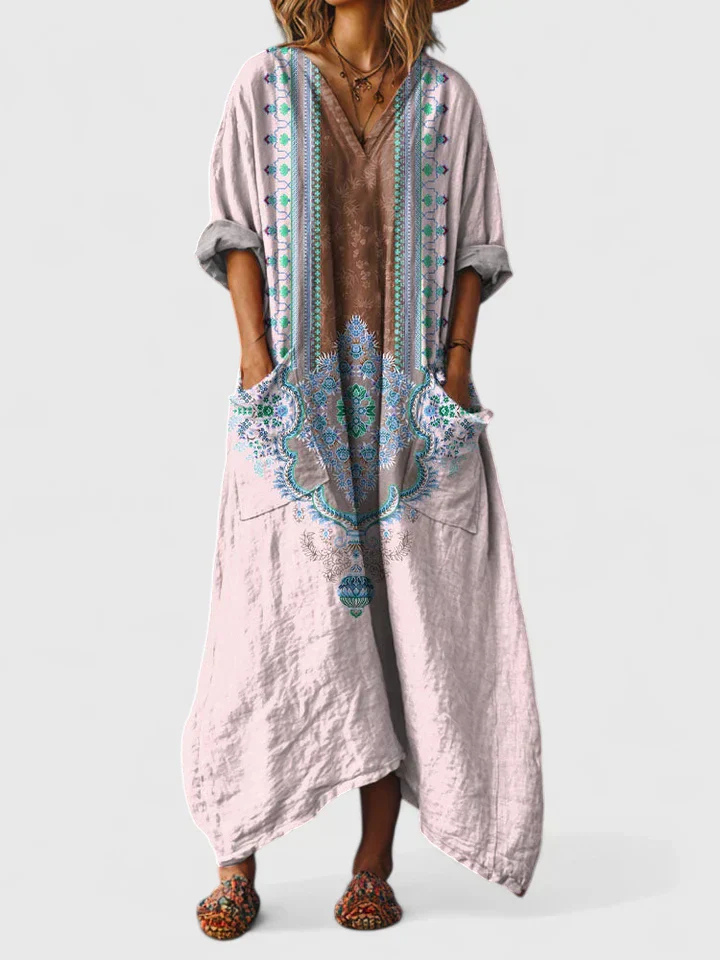 Indra | Women's Boho Print Front Pocket Maxi Dress