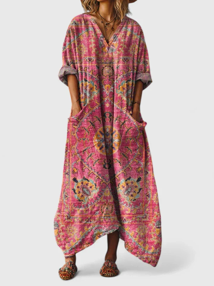Indra | Women's Boho Print Front Pocket Maxi Dress