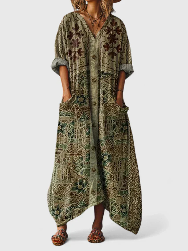 Indra | Women's Boho Print Front Pocket Maxi Dress