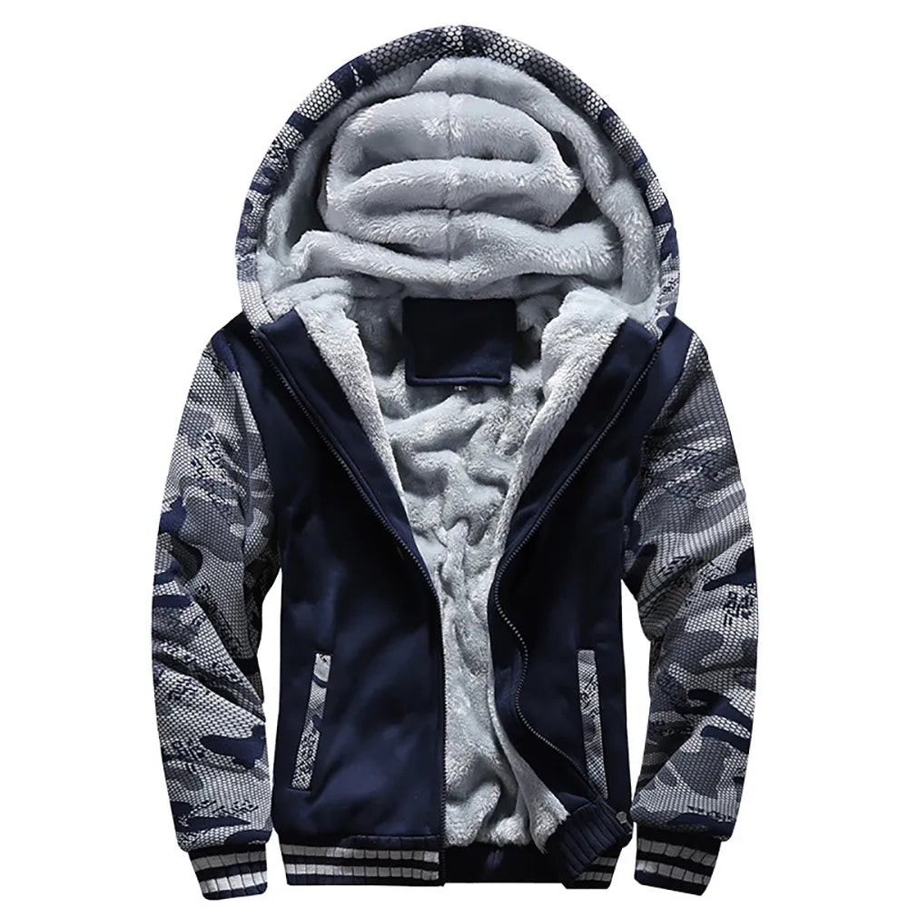 Men's sherpa lined zip hoodie with fleece - navy blue