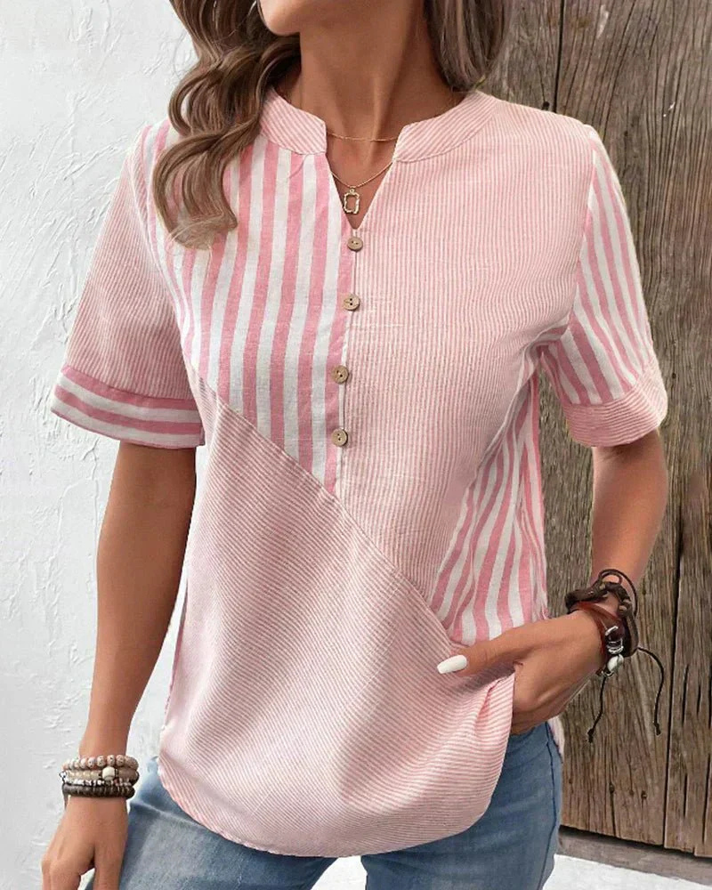 Jamie | Women's Cotton Striped Colorblock Half-Button Blouse