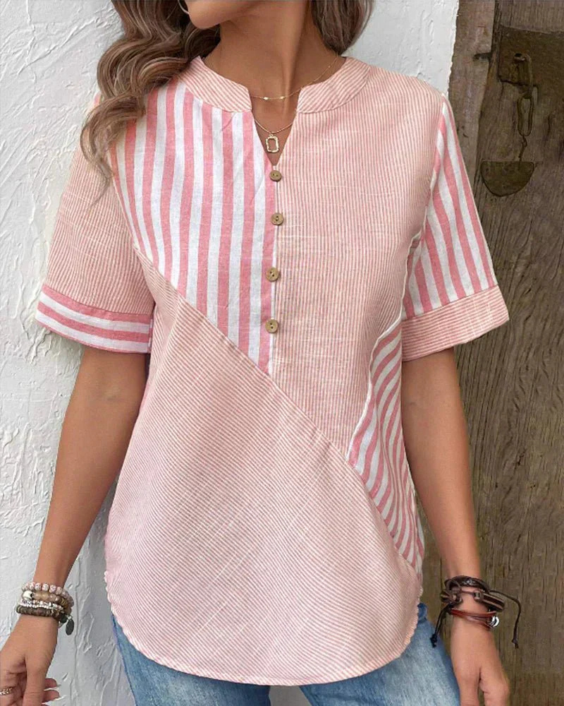 Jamie | Women's Cotton Striped Colorblock Half-Button Blouse