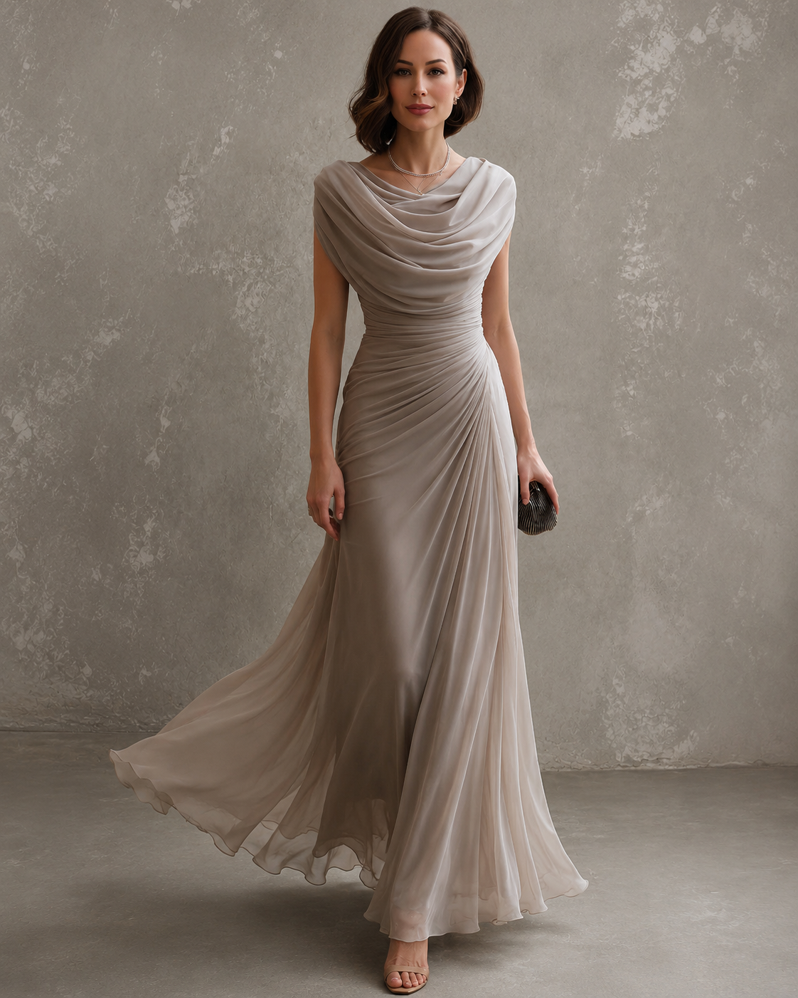 Woman wearing sleeveless draped maxi dress outdoors