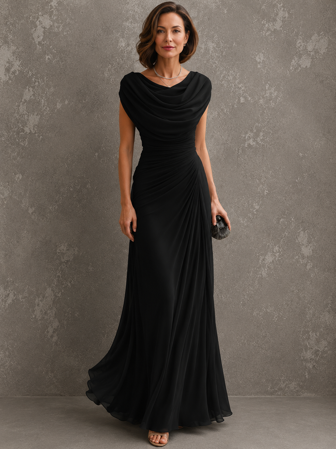 Woman wearing sleeveless draped maxi dress outdoors