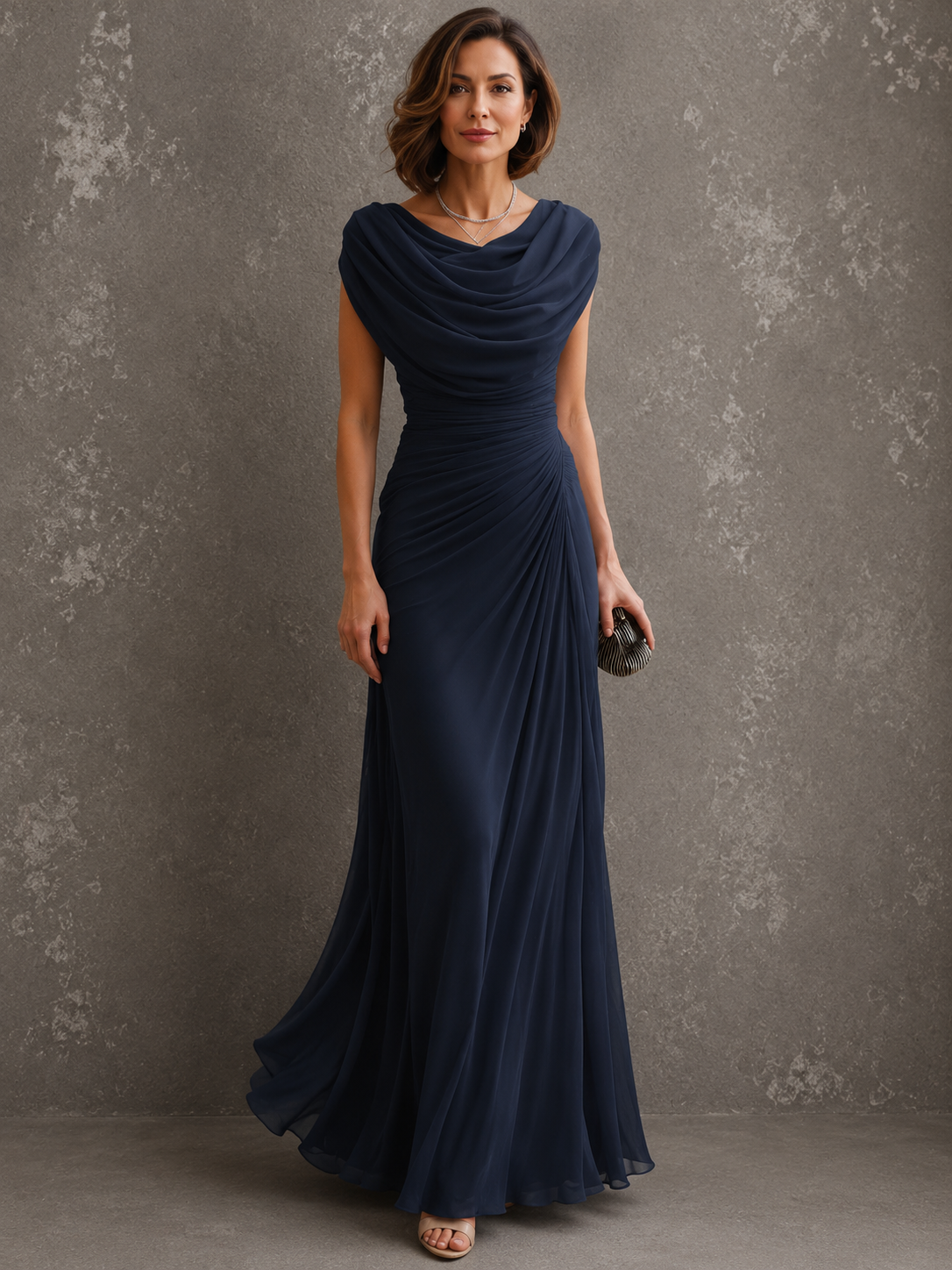 Woman wearing sleeveless draped maxi dress outdoors
