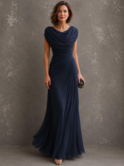 Woman wearing sleeveless draped maxi dress outdoors