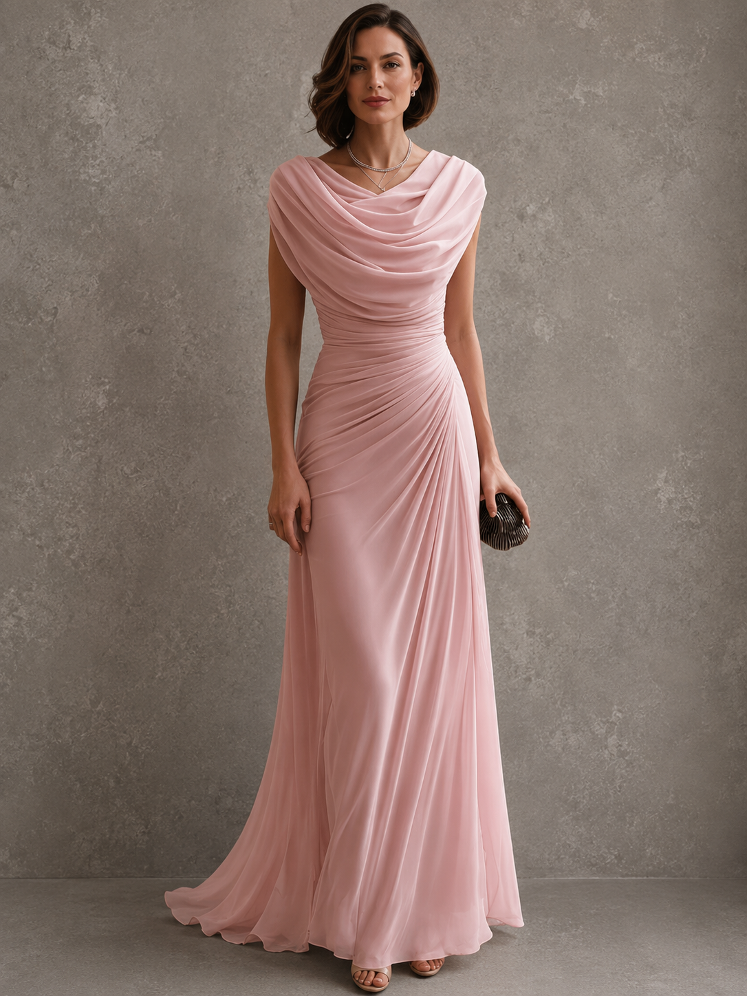 Woman wearing sleeveless draped maxi dress outdoors