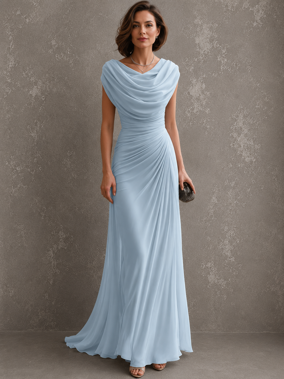 Woman wearing sleeveless draped maxi dress outdoors