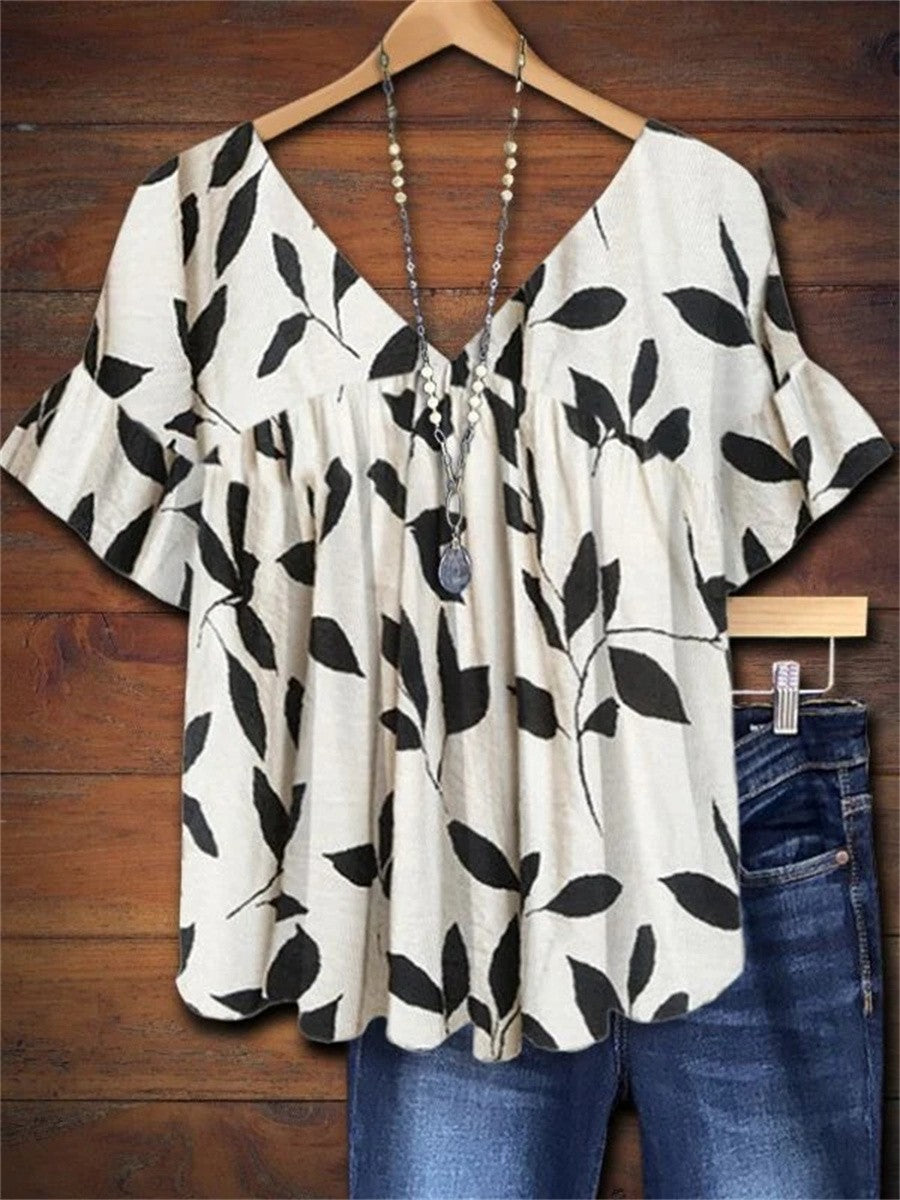 Jolene | Women's White Cotton Leaf Print V-Neck Flutter Sleeve Blouse