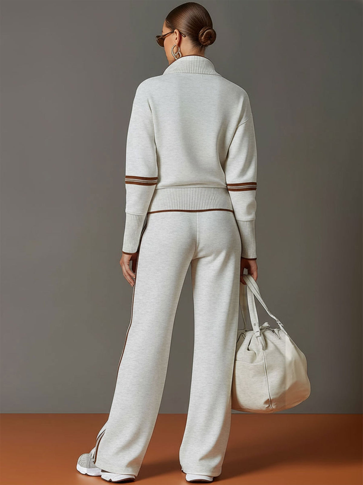 Woman wearing relaxed blouse and wide leg pants set