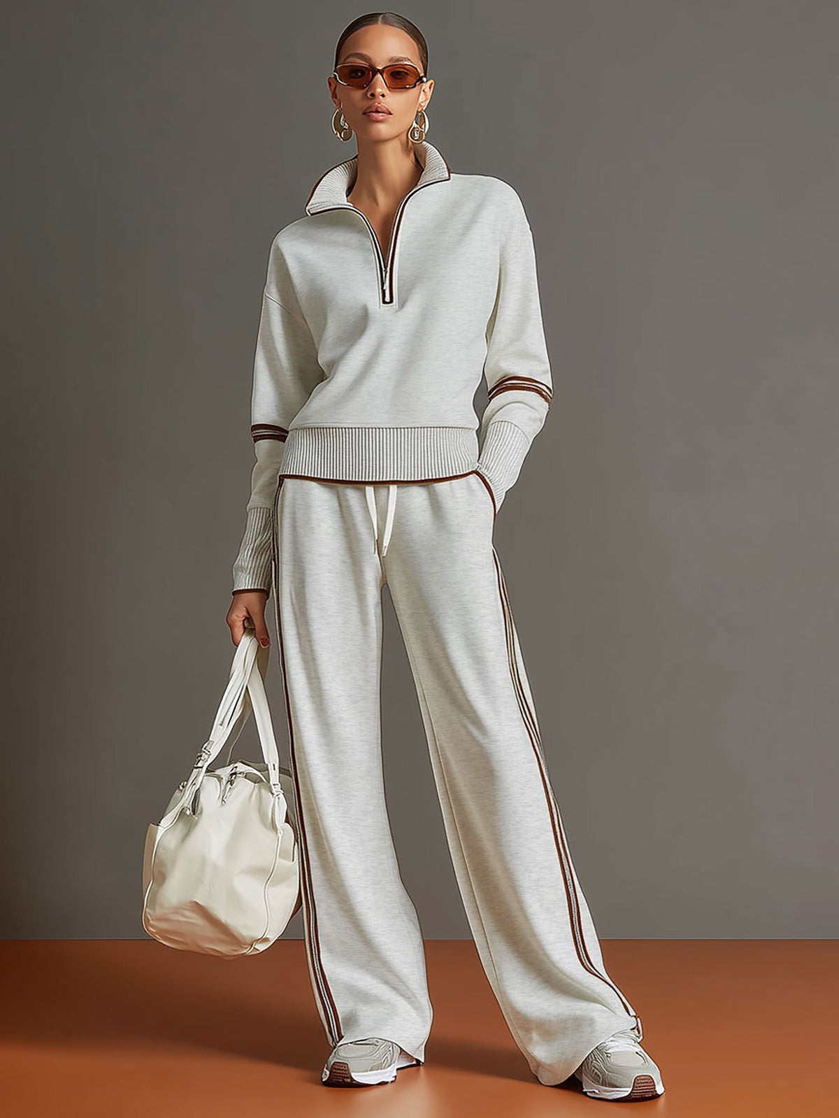 Woman wearing relaxed blouse and wide leg pants set