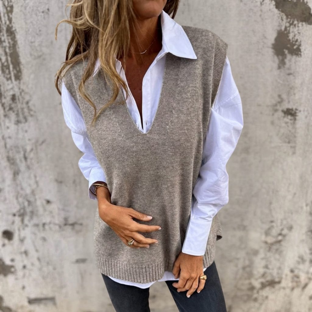 Carmela - Oversized Ribbed Knit V-Neck Vest
