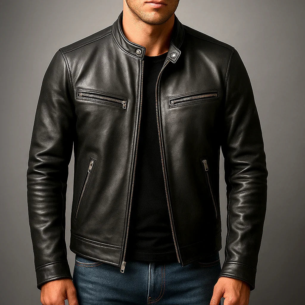 Lewis - Leather Biker Jacket with Zip Pockets