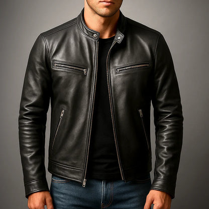 Lewis - Leather Biker Jacket with Zip Pockets