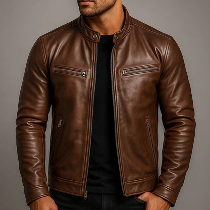 Lewis - Leather Biker Jacket with Zip Pockets