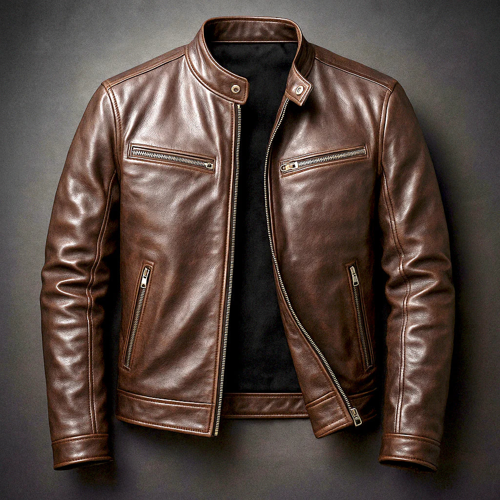 Lewis - Leather Biker Jacket with Zip Pockets