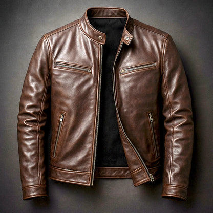 Lewis - Leather Biker Jacket with Zip Pockets