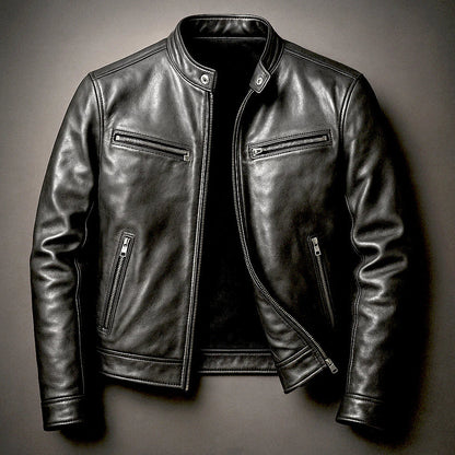 Lewis - Leather Biker Jacket with Zip Pockets