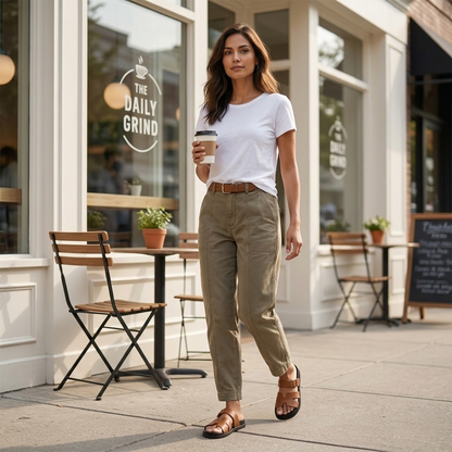 Woman wearing high waist tailored utility pants with pockets