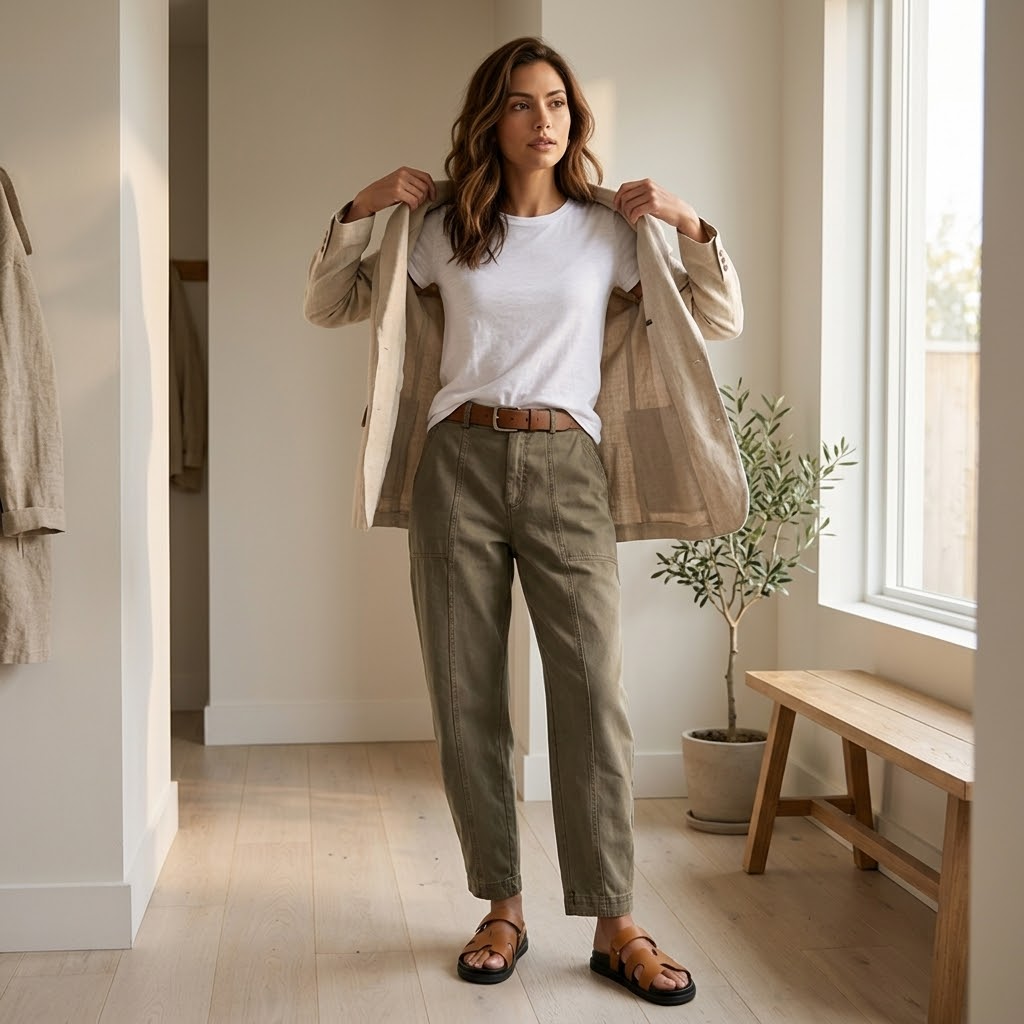 Woman wearing high waist tailored utility pants with pockets