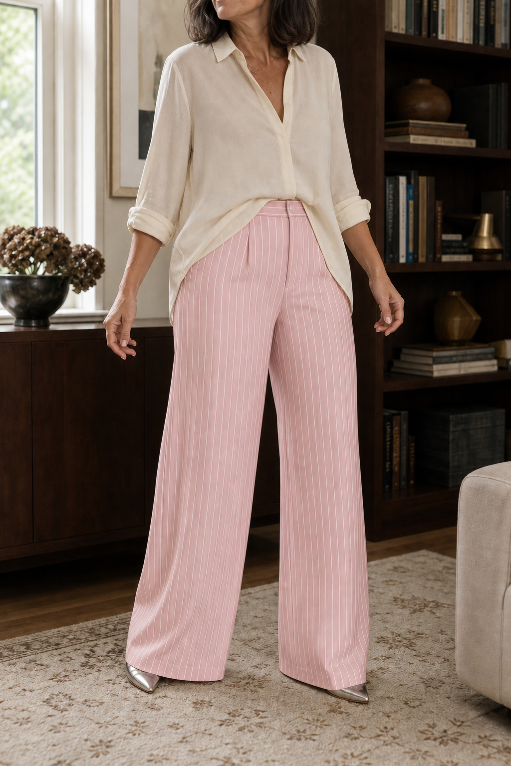 Ghislaine - Pinstripe High-Waisted Wide-Leg Trousers