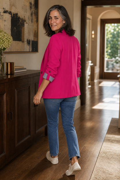 Women's lapel blazer cardigan with structured shoulders, front view