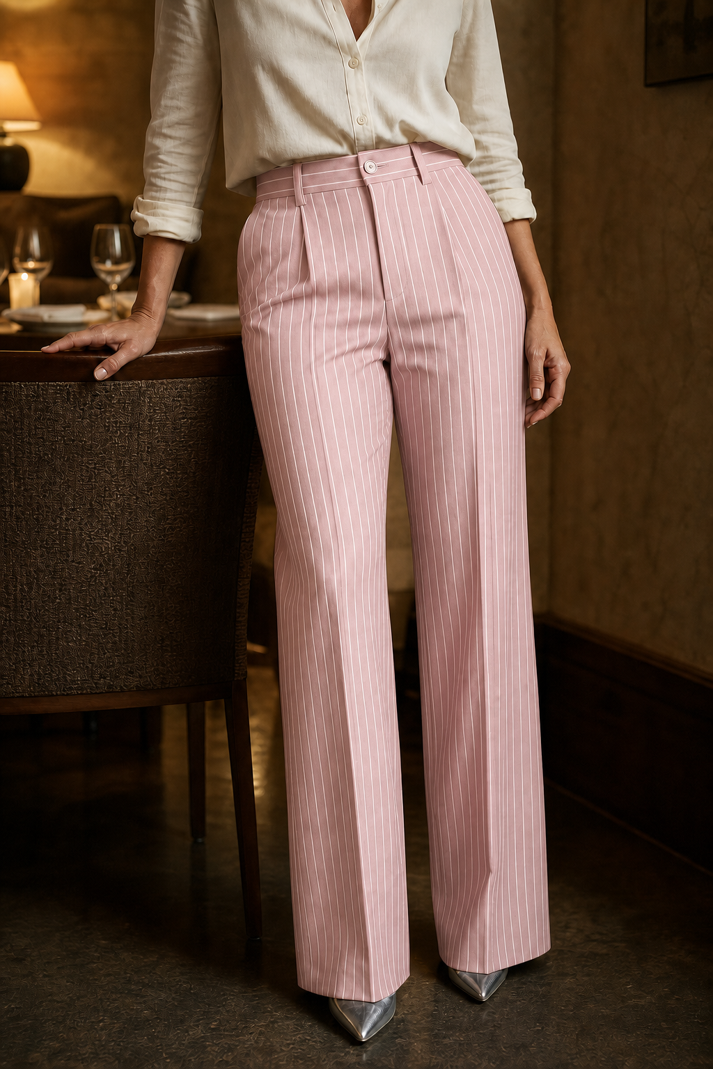Ghislaine - Pinstripe High-Waisted Wide-Leg Trousers
