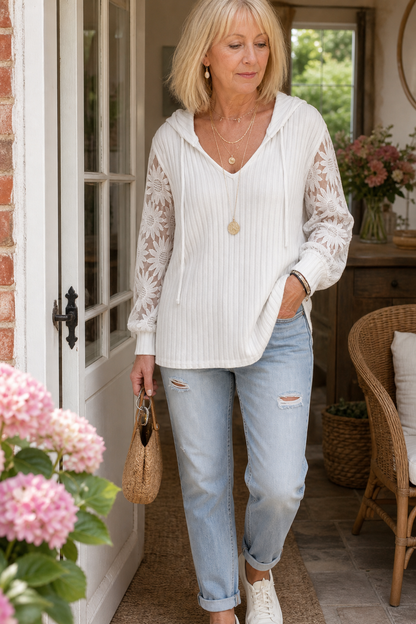 Mathilda - Ribbed Hooded Cardigan with Sheer Sleeves
