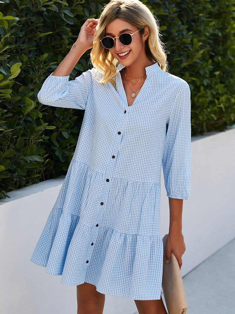 Lottie | Women's Cotton Gingham Tiered Button-Down Mini Dress