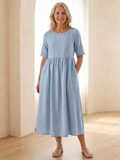 Maricel | Gathered-Waist Short-Sleeve Midi Dress