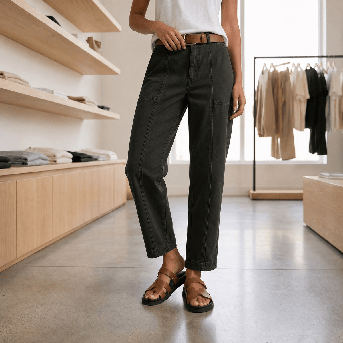 Woman wearing high waist tailored utility pants with pockets