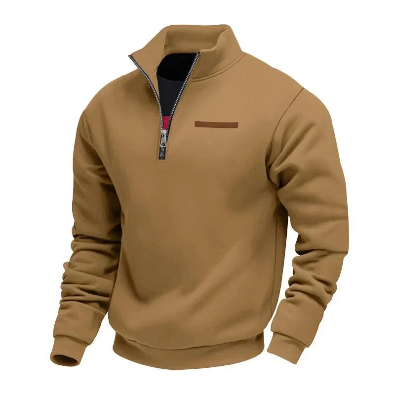 Half-zip fleece sweatshirt for men with stand collar - brown