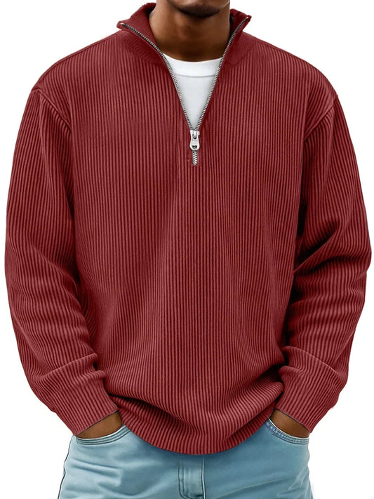 Men's half zip sweater with ribbed collar - red